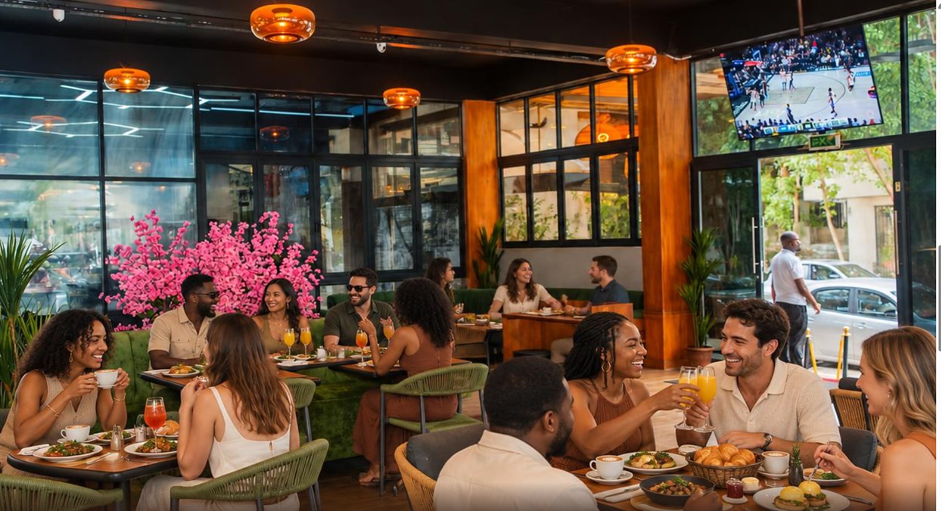 Guests brunching at Soul — a mimosa toast at a wood table, green velvet banquettes, a pink blossom tree and warm amber light